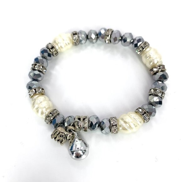 Beaded Elephant Stretch Charm Bracelet Silver Faux Pearl NIB - Picture 5 of 7